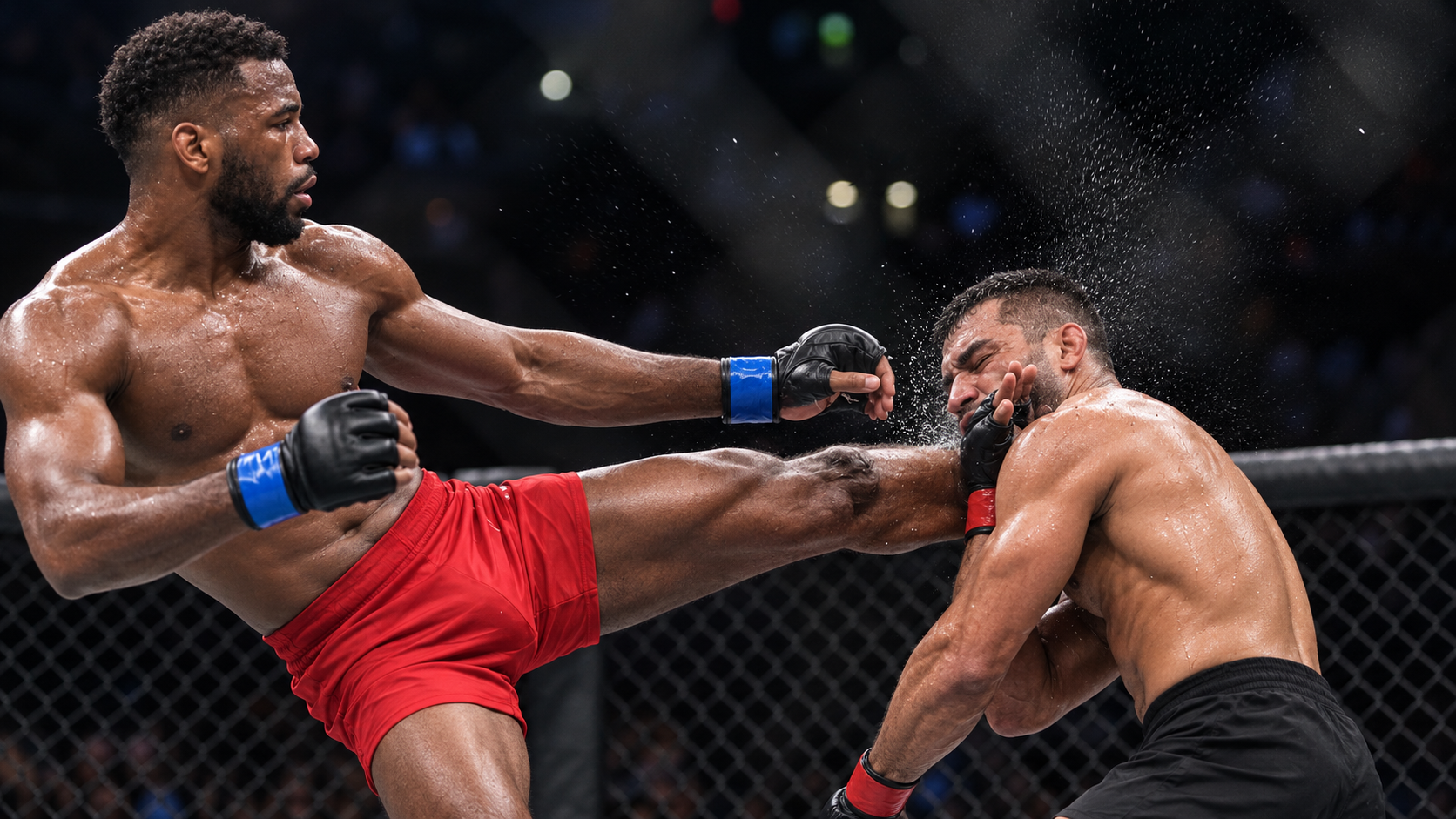 Two MMA fighters in an octagon cage